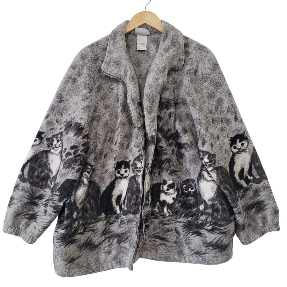 Fleece Jacket Womens 3XL Grey Cat Print Full Zip Novelty Grandmacore Vintage